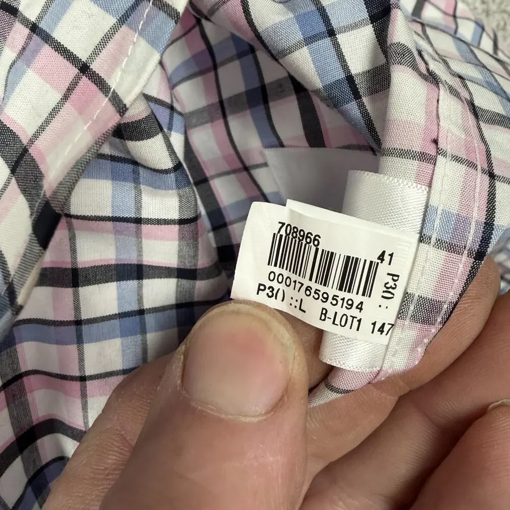 Banana Republic Dress Shirt Mens L Slim Fit Wrinkle Resistant Pink Blue Plaid